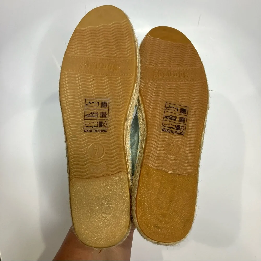 Anthropologie Soludos picnic espadrilles flamingo embroidery blue pink‎ size 7